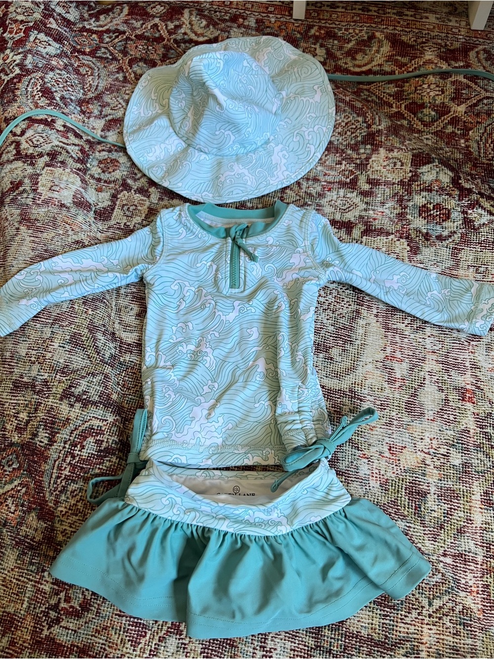 Caden Lane Aqua & White Swirl Baby Swim Set with matching hat